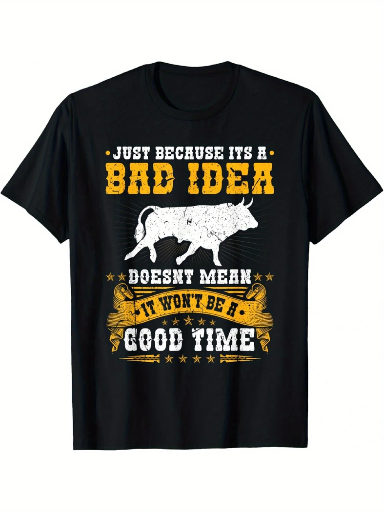 

Humorous Bullfighter T-Shirt - "Just Because It'S a Bad Idea" Design with Bull Silhouette, Yellow & Black Print, Unisex