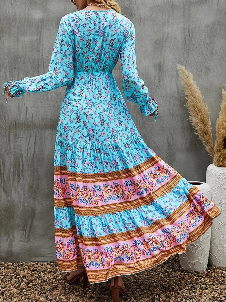 Long Dresses for Women Bohemia Floral Print V Neck Wrap Boho Dress Female Summer Long Sleeve Loose Beach Holiday Sundress