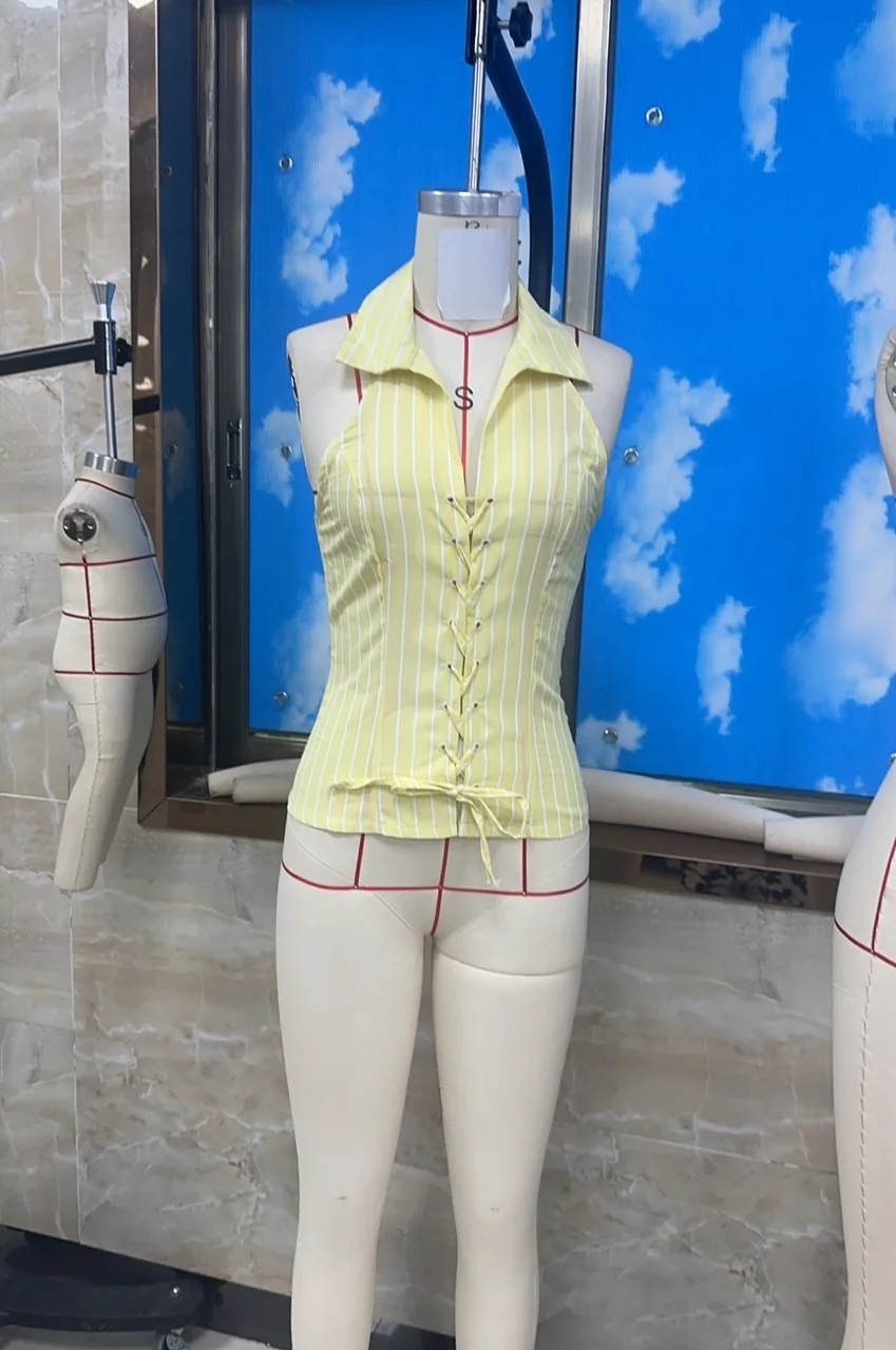 Women's Halter Neck Camisole Sleeveless Open Back Lapel Tie Front Striped Tank Tops