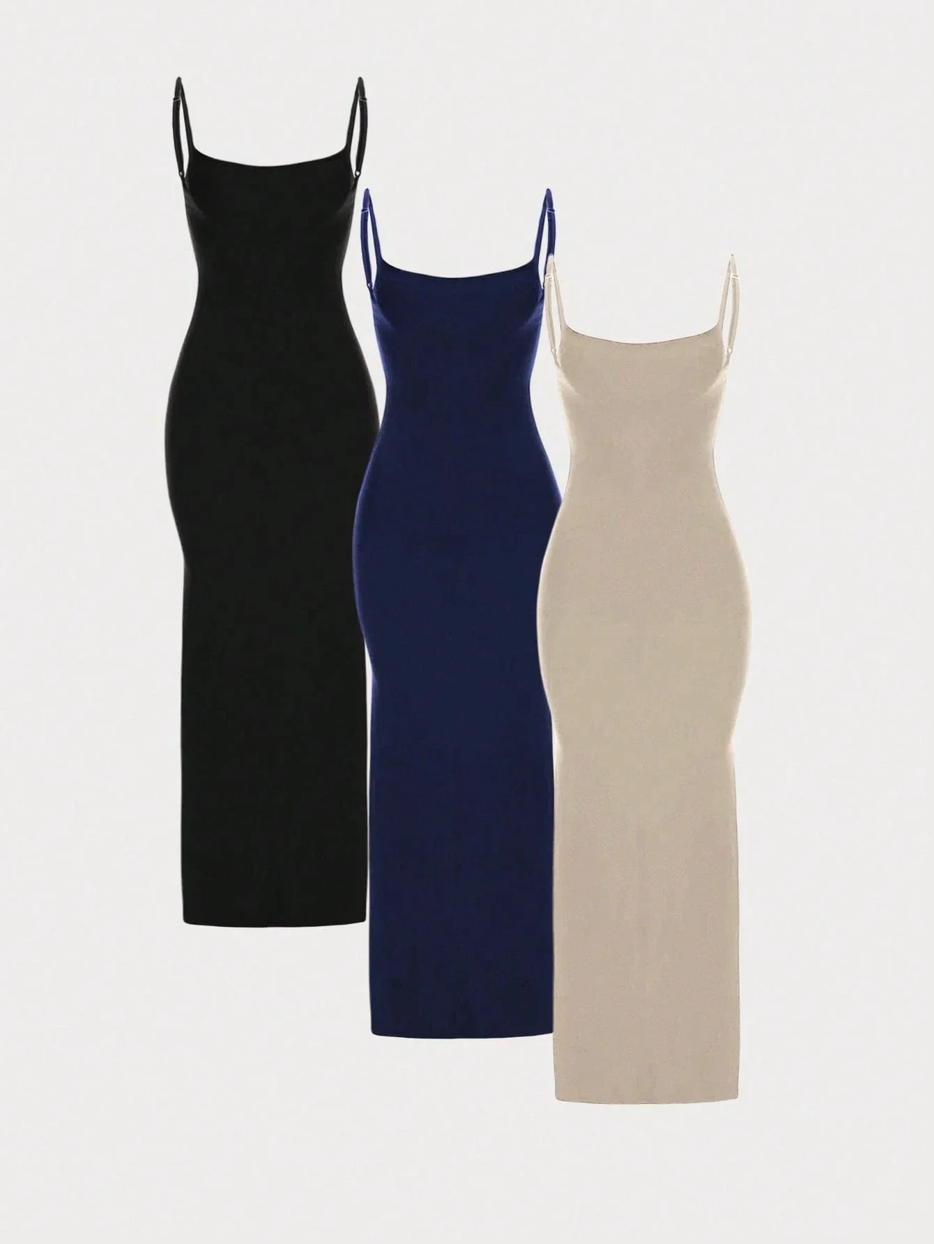 

3pcs Pleated Camisole Dress Set In Black Navy Beige