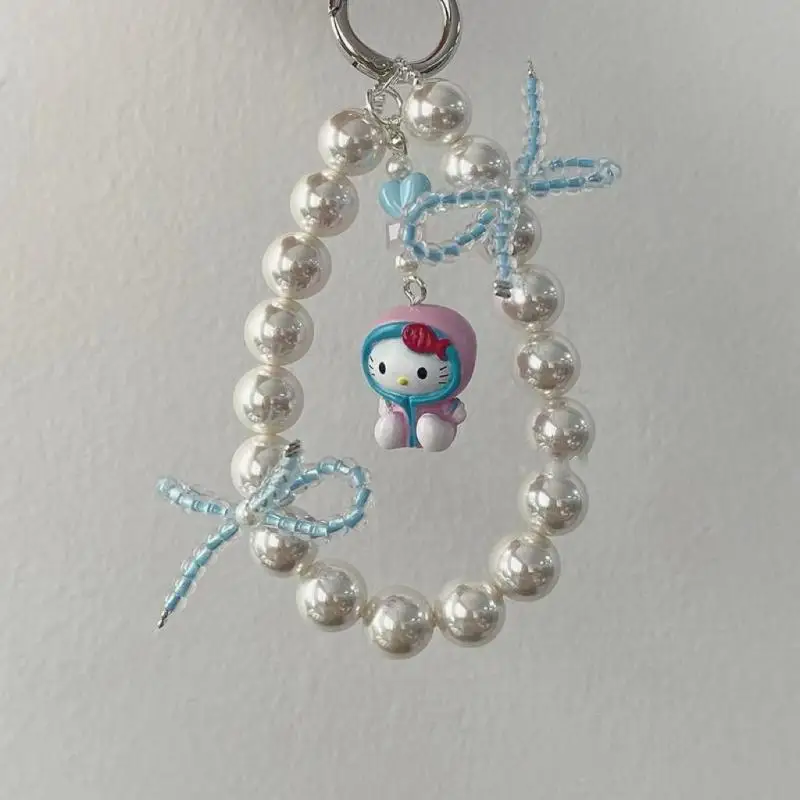 Kawaii Sanrio Hello Kitty Cartoon Pearl Blue Bow Phone Chain Keychain Decoration Backpack Pendant Creative Girl Festival Gift