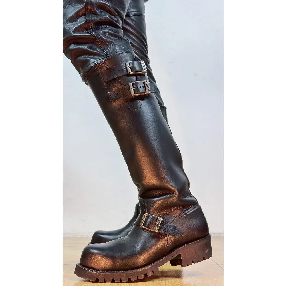 Fashion Men's Genuine Leather British Long Chelsae Boots Knee High Winter Riding Knight Boots Engineer Boots Buckle Strap - view 4