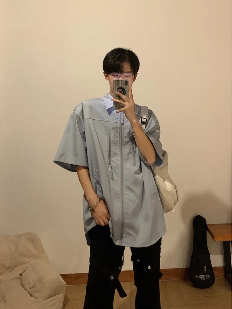 

Light Blue Zipper Men's irt Slim Fit Summer ort Sve Ice Silk Thin oulder Line Faion Outerwear Casual Sle Polyest...