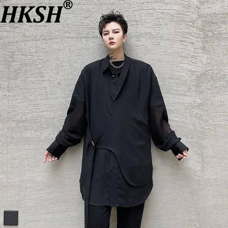 

HKSH Spring Summer New Men Tide Dark Asymmetrical Lace-up Shirt Long-Sleeved Loose Fit Unique Design Trendy Shirts Tops HK22368