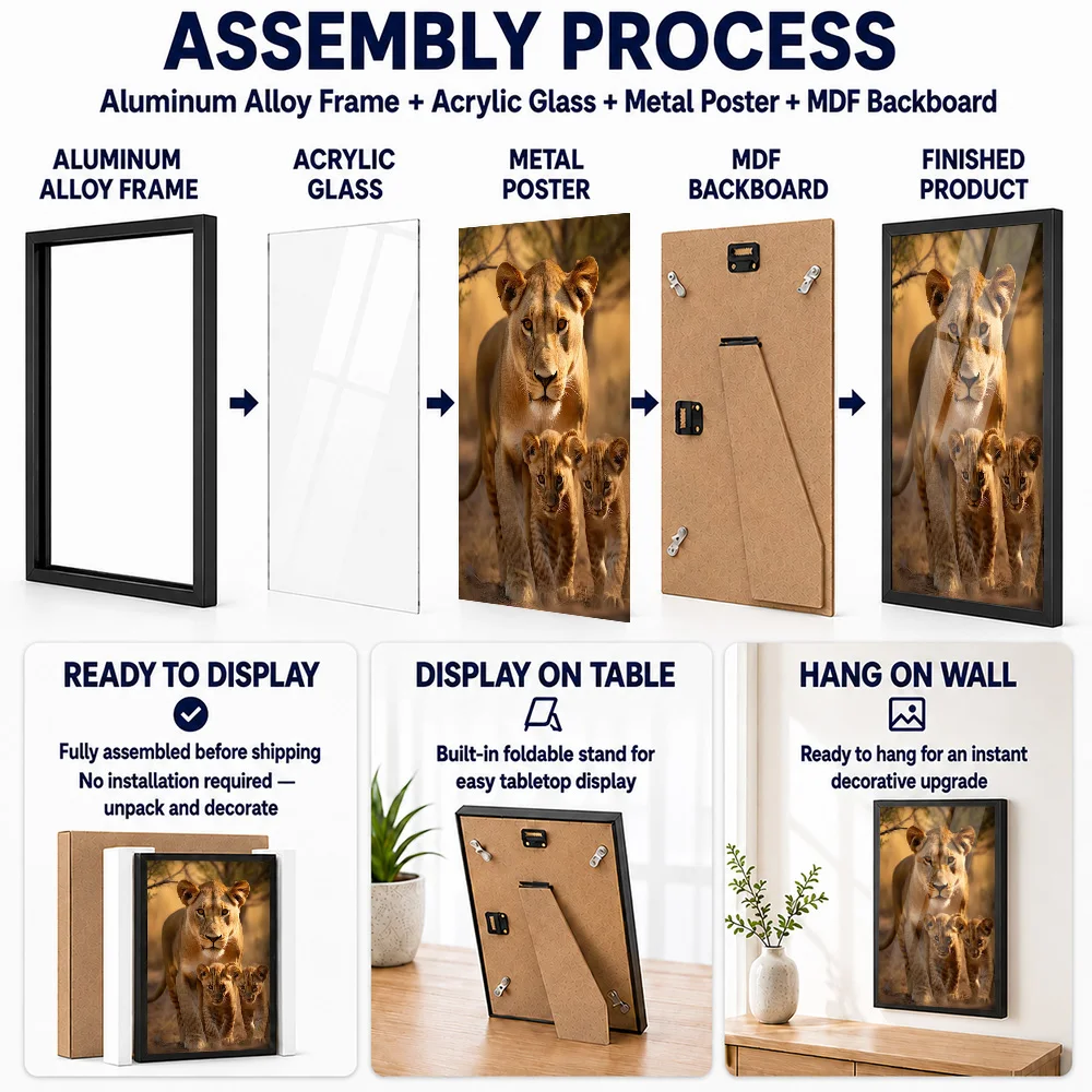 Lioness With Cubs Framed Aluminum Metal Poster Customized Nature Tribute Wall Art Perfect Within Office As Safari Collectors