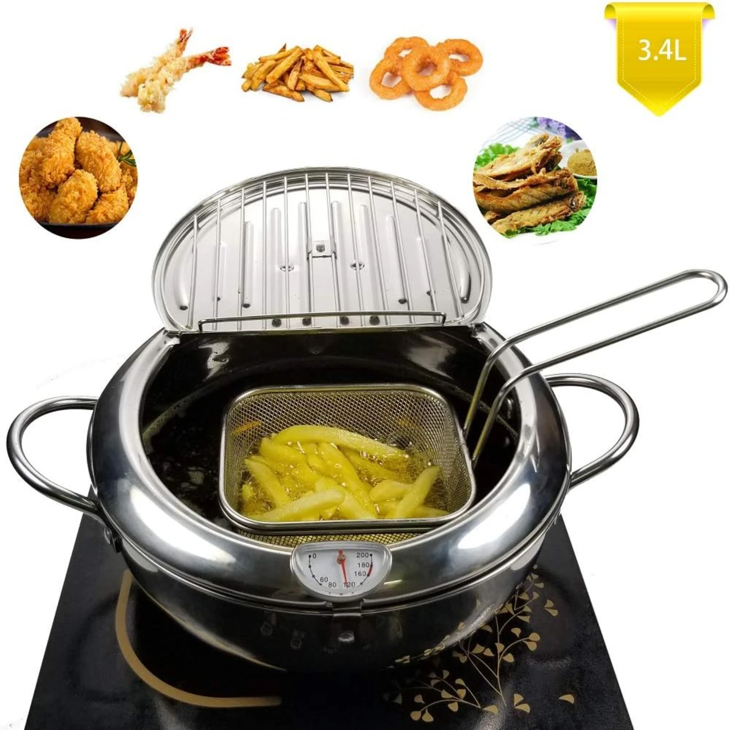 Mini Deep Fry Pan with Basket & Draining Rack, Stainless Steel Fryer with Thermometer for Chicken, Fries, Fish, Onion Rings