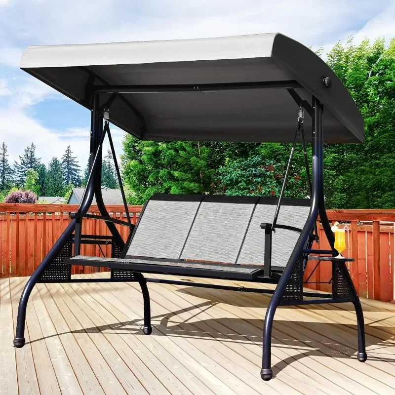 Outdoor Patio Swing with Adjustable Canopy, 3 Seat Outdoor Porch Swing with Cup Holders, Waterproof Textilene Swing Chair