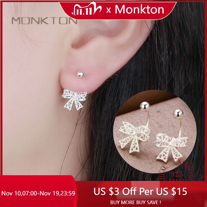 

Monkton 100% 925 Sterling Silver Lace Heart Hollow Bow Stud Earrings for Women Screw Buckle Puncture Earring Fine Jewelry Gifts