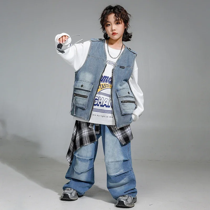 Boys Hip Hop Pullover Street Dance Denim Cargo Pants Girls K-pop Outfits Kids Jazz Sport Clothes Sets Children Stage Streetwear