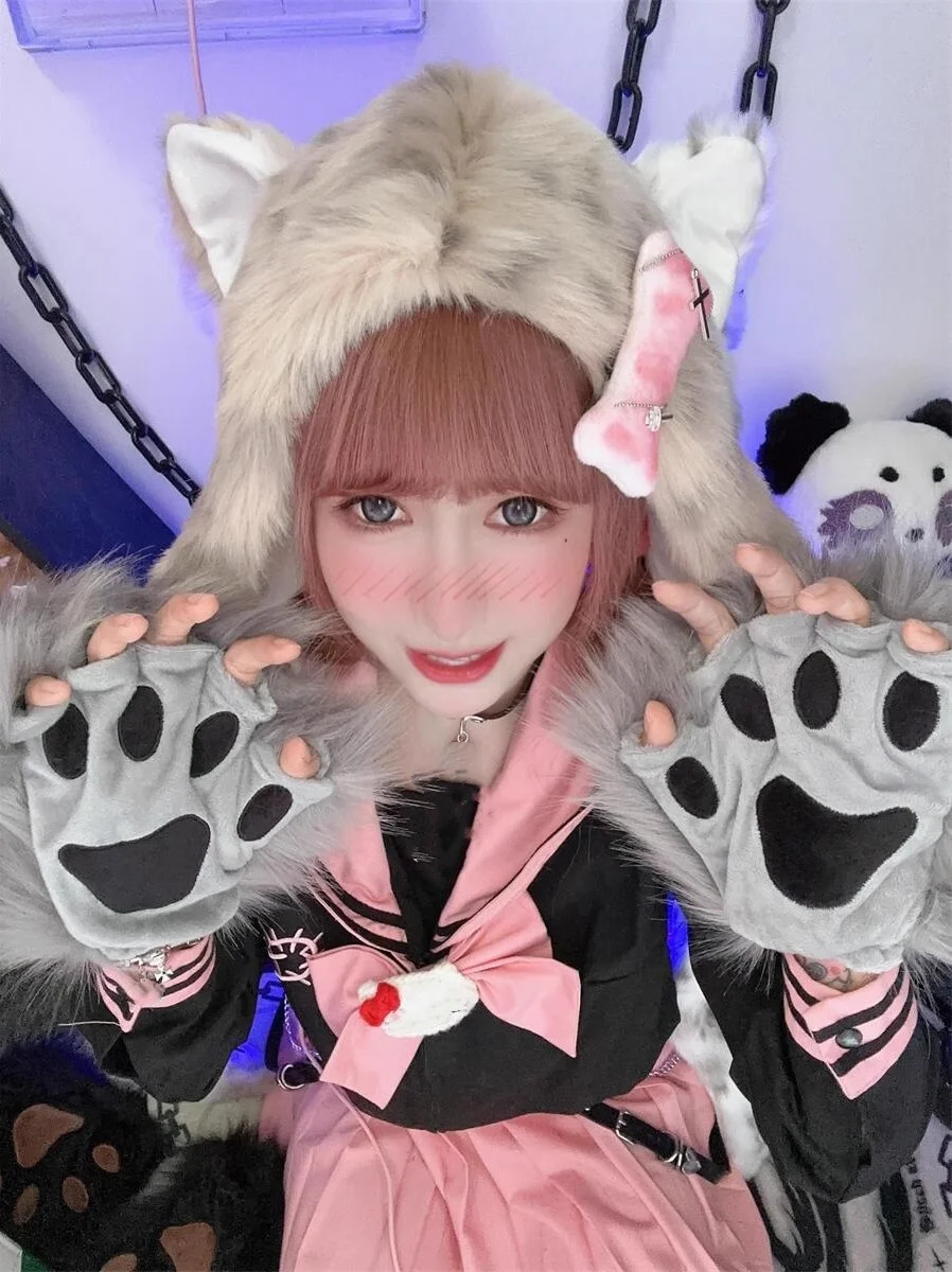 1Pair Handmade Cute Y2K Spicy Girl Cat Paw Gloves Furry Lolita Japanese Style Autumn Winter Warm Women's Fingerless Gloves