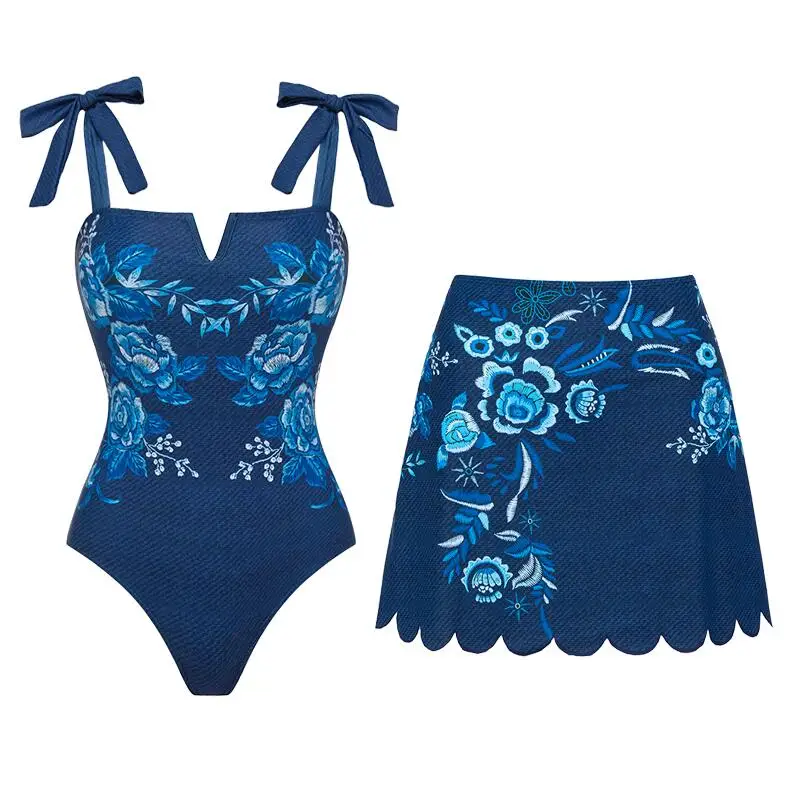Flaxmaker 2025-Conjunto de traje de baño con hombros descubiertos y lazo estampado bordado para mujer, traje de baño de una pieza y falda, traje de baño estampado