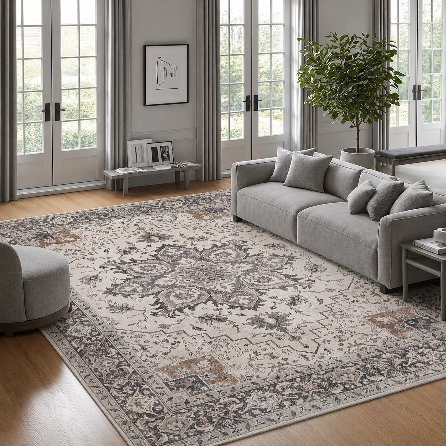 Large Indoor Area Rug, Soft Velvet Low Pile Rug with Non-slip Dotted Backing, Machine Washable Vintage Medallion Neutral Rug for Living Room, Bedroom Floor Decor