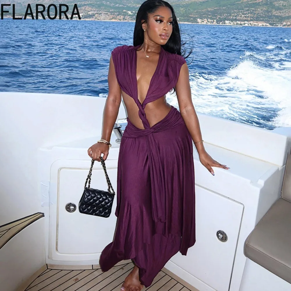 

FLARORA Beach Style Braid Waistless Dress Woman Sexy Hollow V Neck Sleeveless Backless Ruched Midnight Elegant Party Vestidos