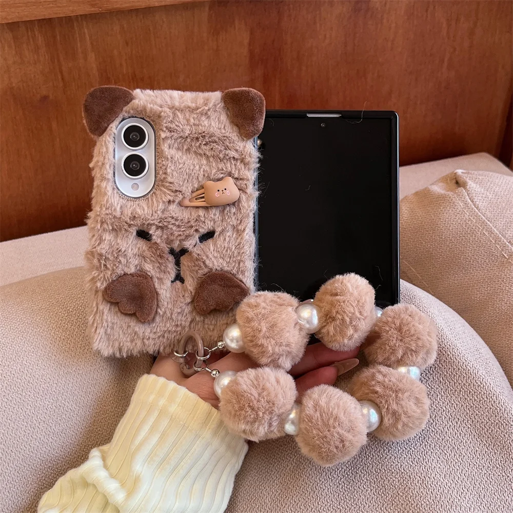 Korean Cute Plush Wings Phone Case For iPhone Duo Back Cover with Silk scarf Chain Leather Hinge Cases For Apple Duo Fold Funda