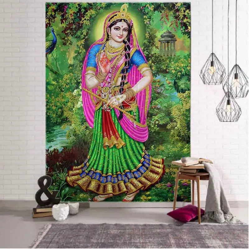 VIKAMA Indian Radha Goddess Wall Tapestry Green Pink Sari Flute Peacock Forest Hindu Religious Spiritual Devotional Art Decor