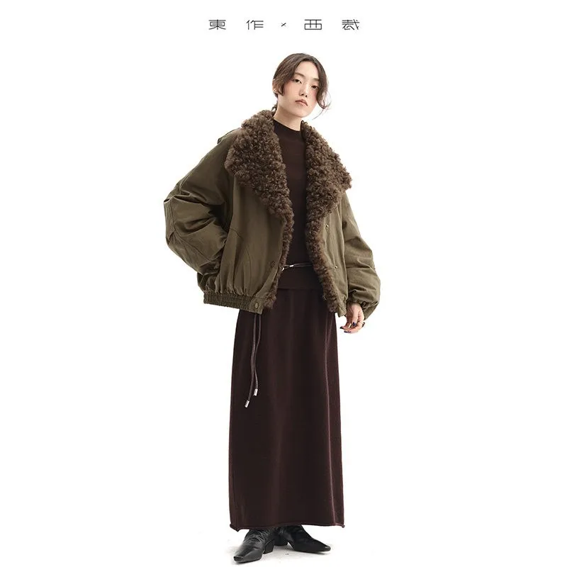 Col en laine ~ Veste en duvet d'oie de style barn, parka à revers, manteau court pour femmes de petite taille, vêtements d'hiver