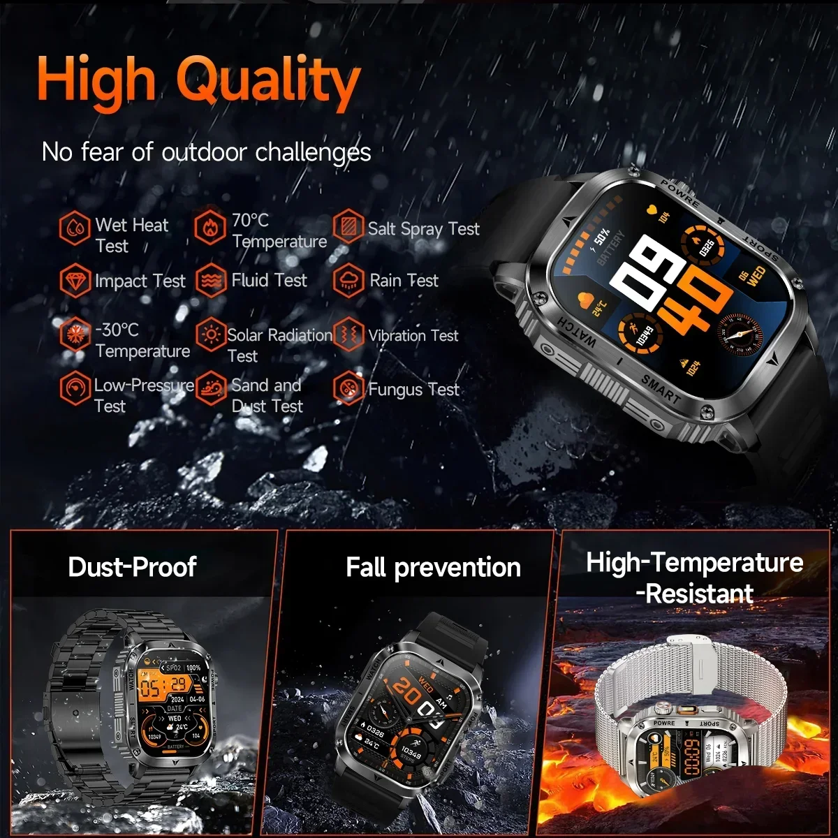 KAPULUN AK80 2.01" HD Large Screen LED Flashlight Outdoor 100+ Sports Modes Heart Rate Bluetooth Call Smartwatch For Men Women