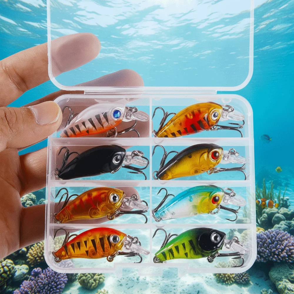 

8pcs/box 3D Fish Eyes Artificial Fishing Bait with Box Realistic Fishing Lures Kit Colorful Crank Hook Fishing Crank Bait