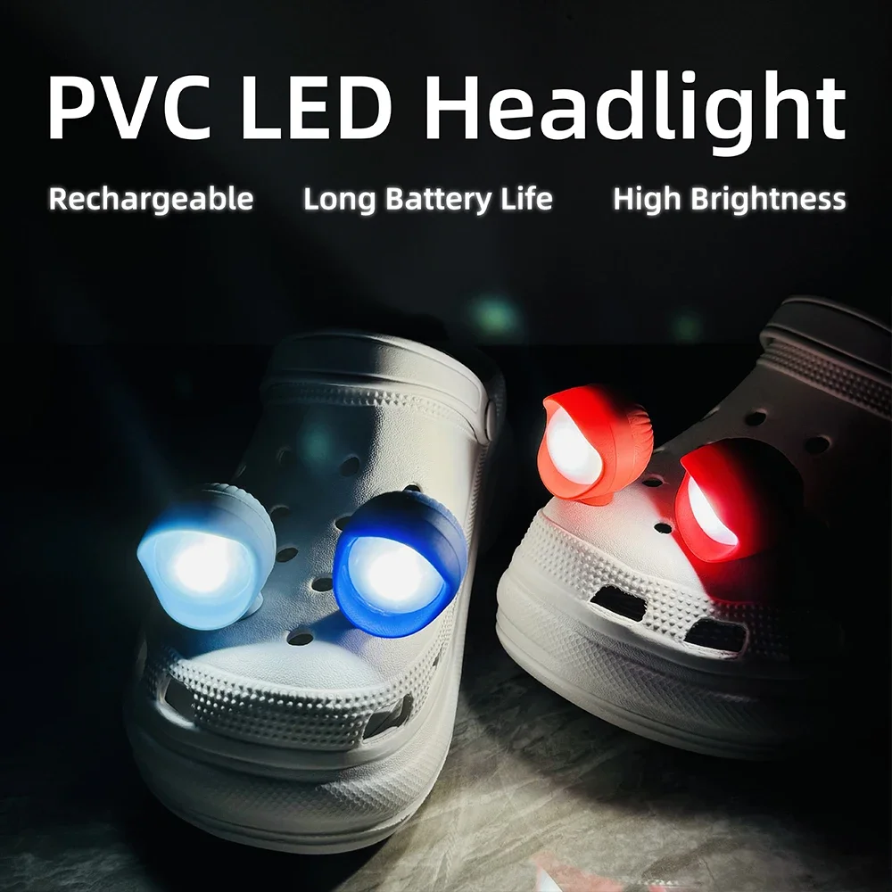 2pcs LED Shoe Lights Pro Charms Headlight Rechargeable Plus for Night Walks Shoes Charms PVC Accessories, 3 Lighting Modes