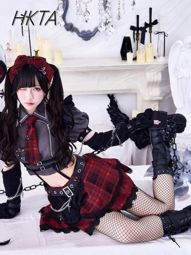 

Japanese Gothic Punk Y2k Clothes Girls Cosplay Skirt Chic Chain Sleeve Short Sleeve Shirt Top College Plaid Pleated Skirt Set
