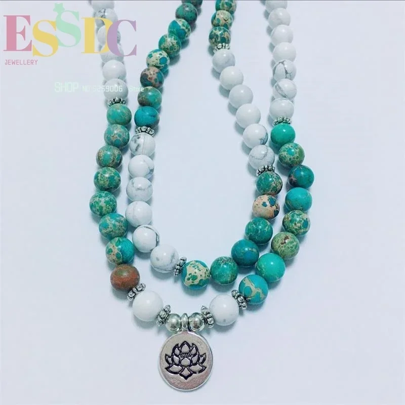 ESSDCW New Arrival 8mm Natural Howlite Imperial Stone 108 Beads Mala Bracelet High Quality Lotus Charm Women Necklace