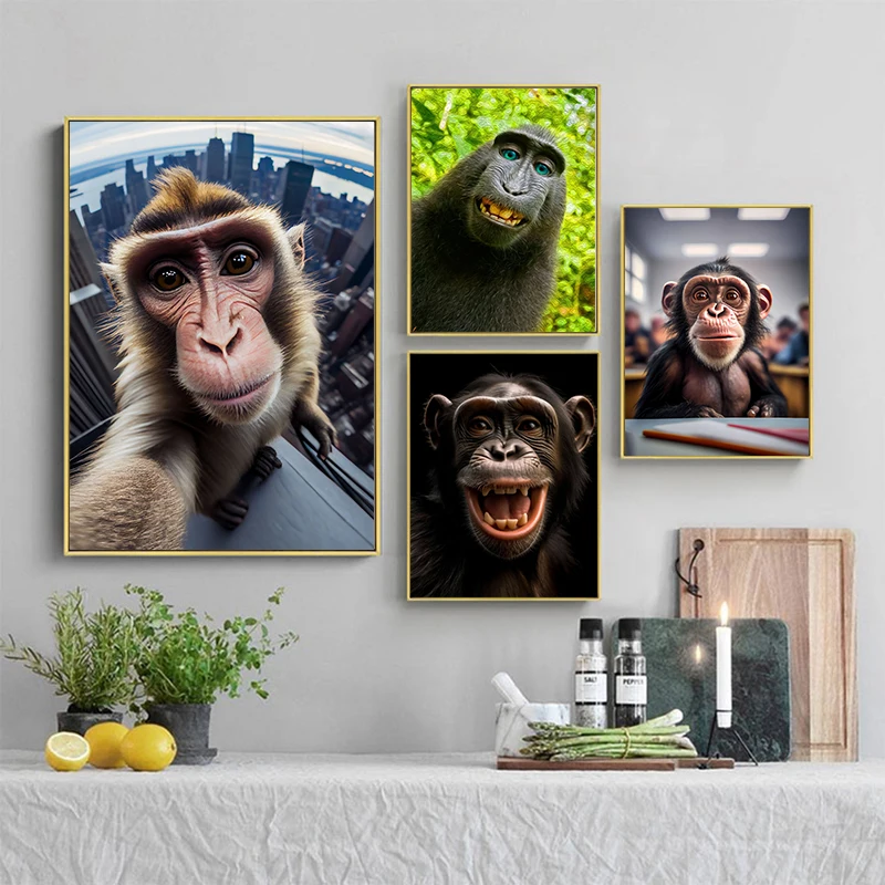 Funny Monkey Selfie Happy Chimpanzee Poster Print Canvas Painting Animal Wall Art For Living Room Home decor Cuadros