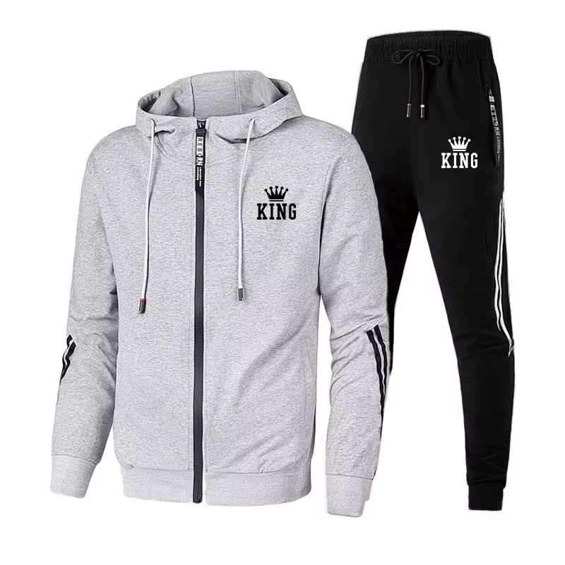 High Quality Men's Tracksuit Zipper Hooded Sweatshirt+Slim Sweatpants Set Casual Jacket Coat Jogging Clothing Fashion Print Suit