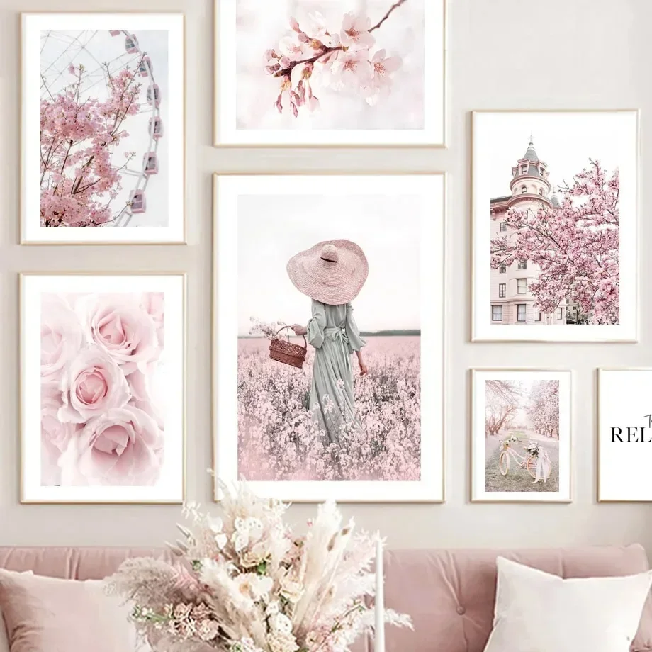 Wall  Diamond Painting Pink Sakura Rose Tulip Flower Landscape Nordic Posters And Prints Wall Pictures For Living Room Decor