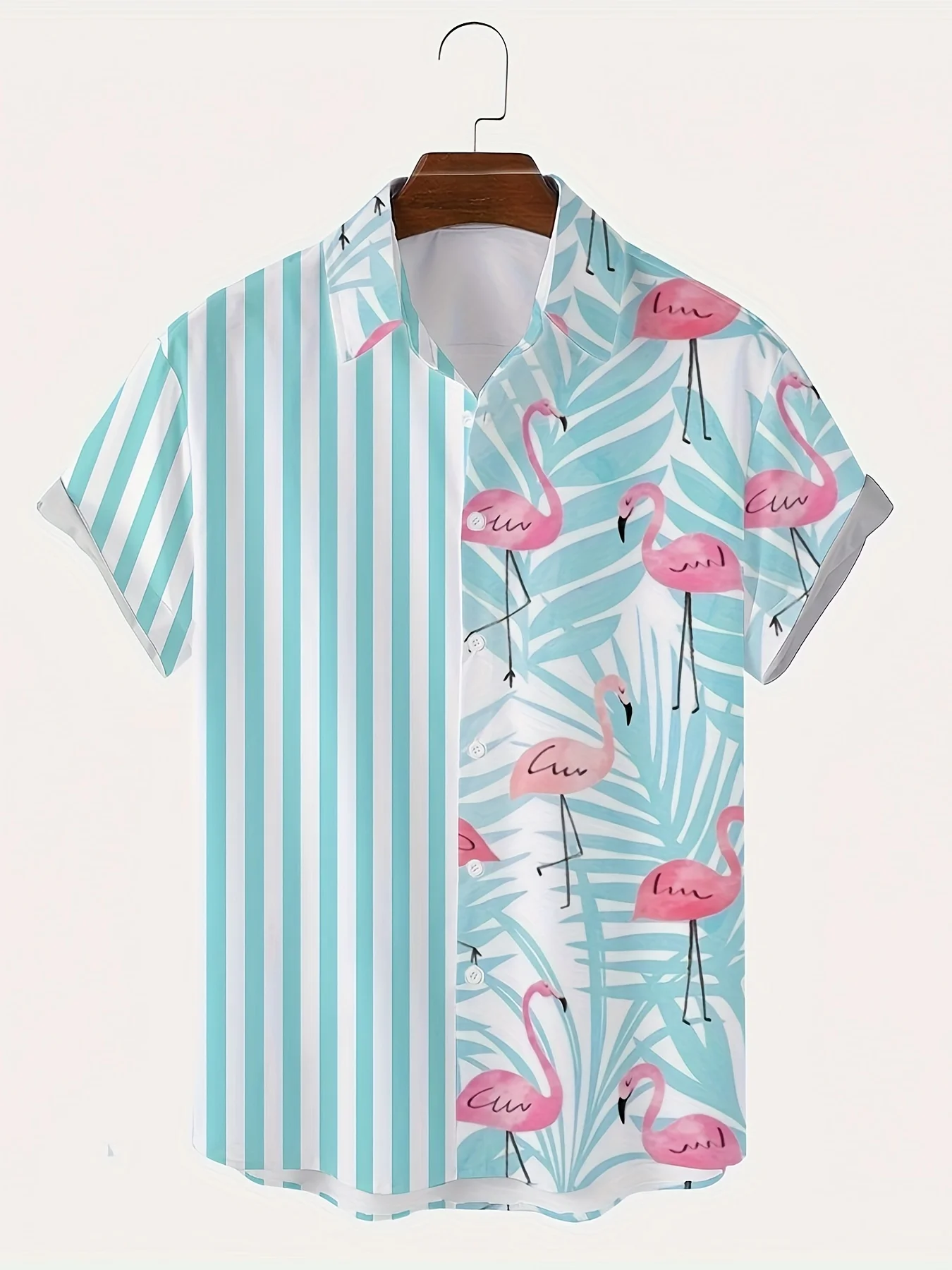 Mode Flamingo Streeppatroon Shirt Hoge Stretch Korte Mouw Heren Hawaiian Shirt Zomer Vakantie Casual Street Shirt