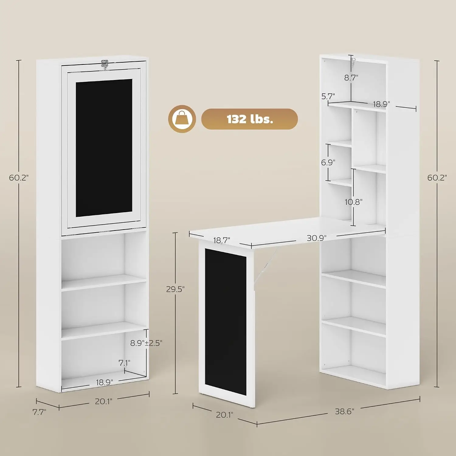 Foldable Convertible Writing Table Computer Desk Wall Mounted Space Saving Chalkboard Storage Shelves Organizer Unit Container Box Rack Tray Home Office Bedroom White