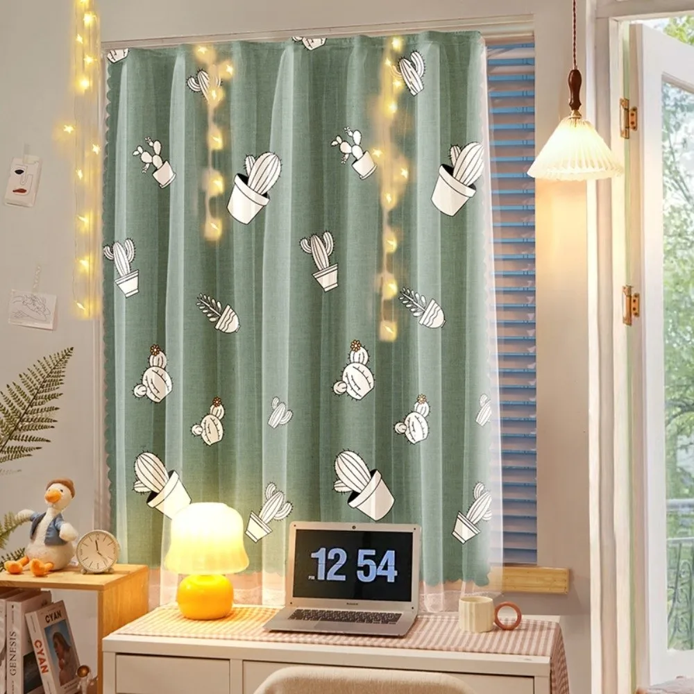 1 pz senza trapano tenda a doppio strato autoadesiva modello cartone animato tende per camera da letto con tende per finestre in corda alloggiamento in affitto