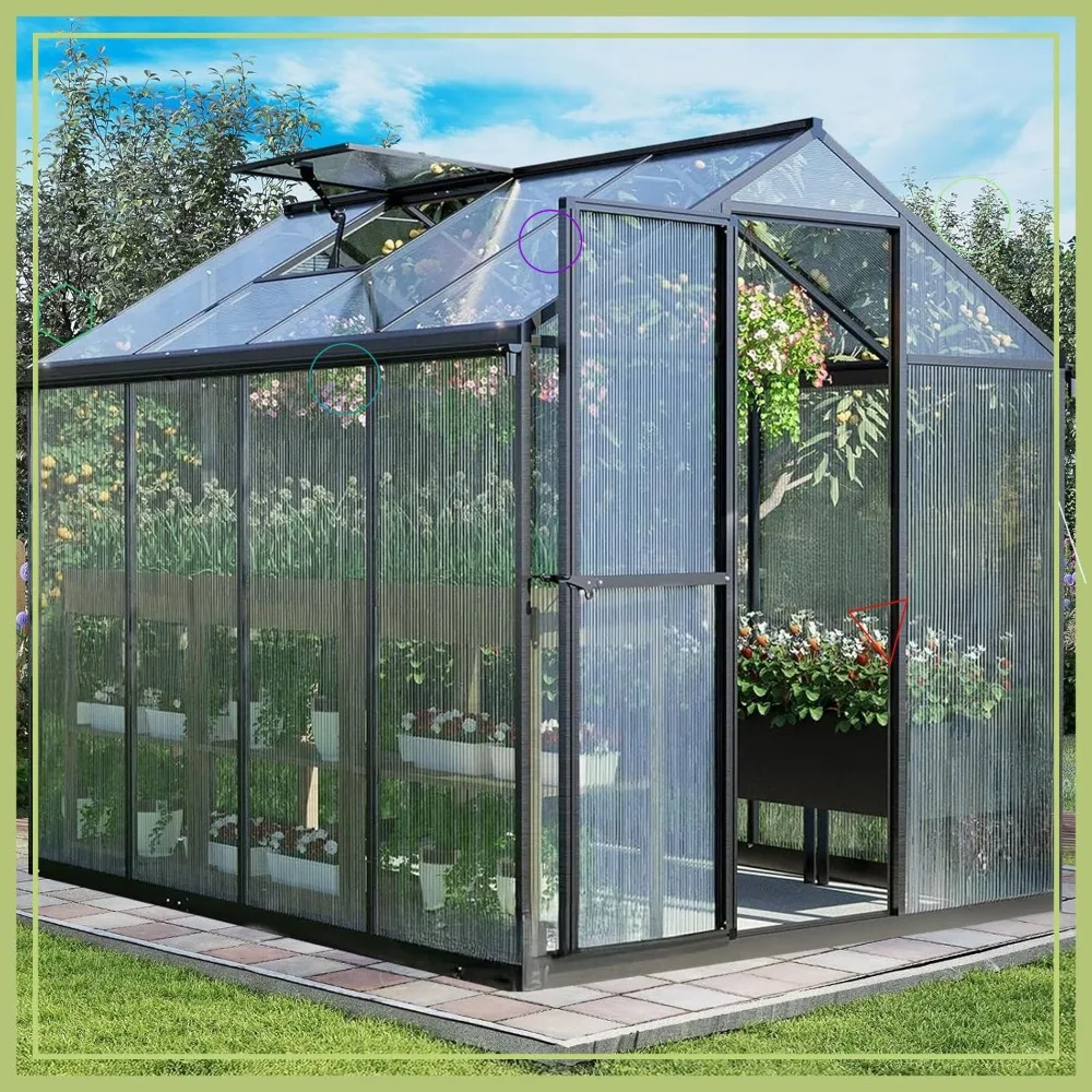 

Теплица-оранжерея 6x8 футов с поликарбонатными панелями, регулируемым световым люком и запираемой дверью для садоводства на открытом воздухе