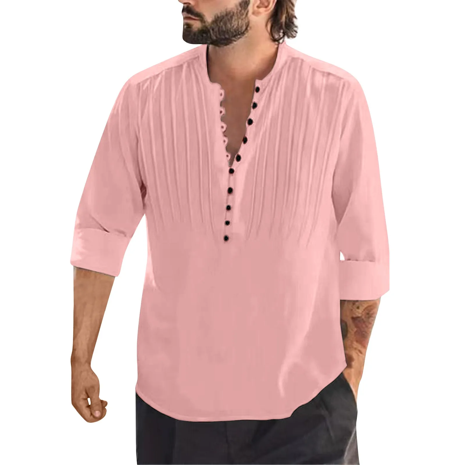 

Summer Men'S Round Neck Shirts Fashion Trend Retro Button Pleated Long Sleeved Shirts Casual Cotton Linen Solid Color Shirts