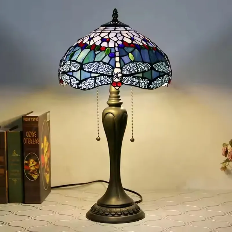 12inch European Pastoral Retro Tiffany Stained Glass Table Lamp with Colorful Dragonfly Pattern Shade Lighting Restauran