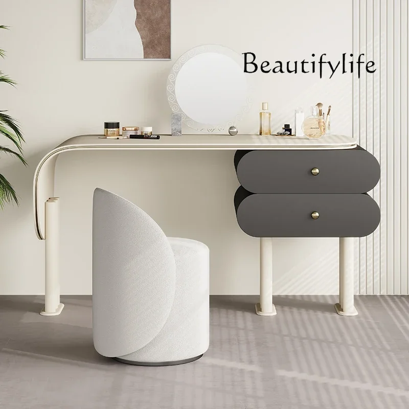 X35 Cream Wind Minimalist Saddle Leather Dresser Bedroom Storage Cabinet Makeup Table Integrated