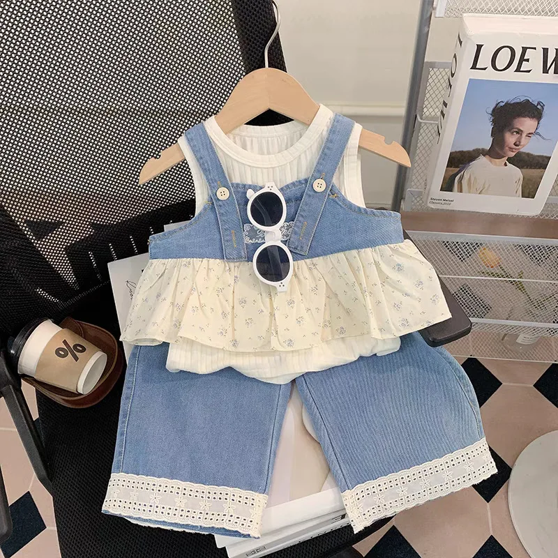2025 Summer New girls Clothing Sets Splicing Strap Cowboy Tank Top+Vest Bottom Shirt+Pants 3-Piece Cute Kids Sets