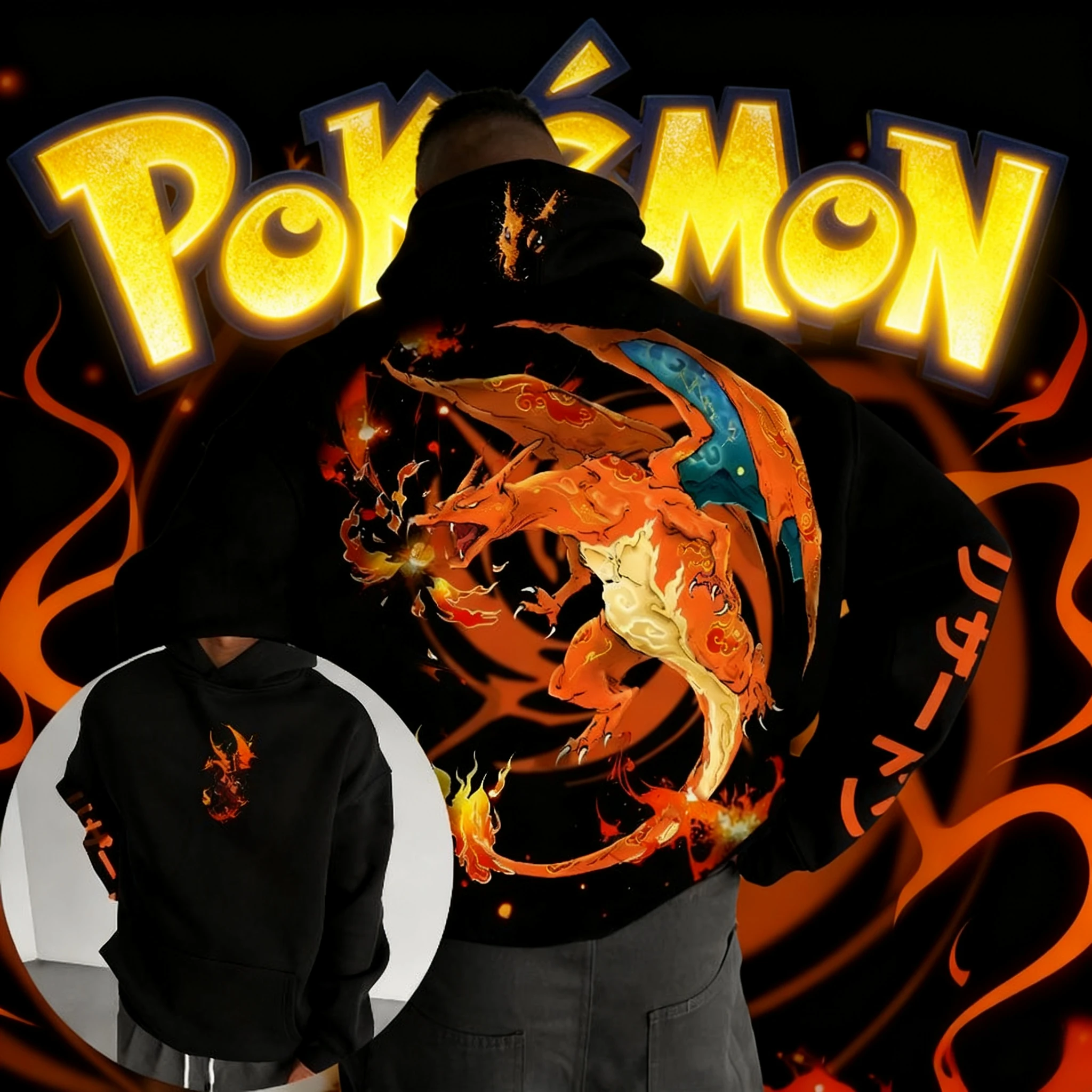

2025 Autumn/Winter Pokemon Animation Brand 100%Cotton Charizard Printed Hoodie Men's and Children's Harajuku Casual Short Sleeve
