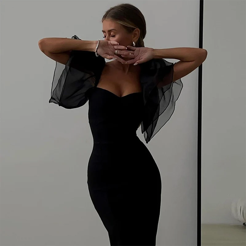 Mesh Vlinder Mouw Schede Bodycon Jurk Vrouwen Vierkante Hals Midi Robe Femme Effen Zwarte Vestidos Mujer Sexy Dame Feestjurken