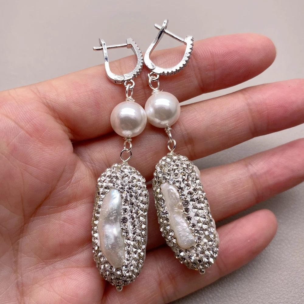 White Biwa Pearl Cz Pave Dangle Lever Back Earrings