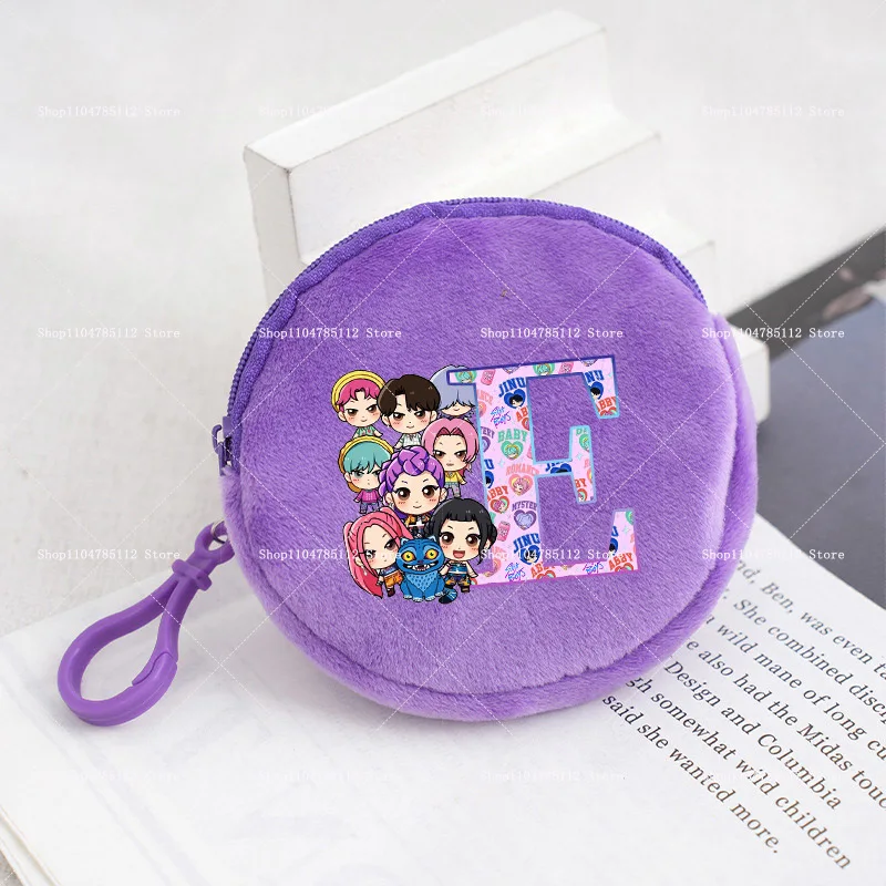 KPop Demon Hunters Purse Kawaii Cartoon Anime Letter A-Z Zipper Wallet Girl Student Round Mini Wallets Trend Pendant Kids Gift