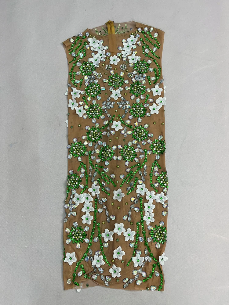 Krótka Elegancka Biała Sukienka z Kwiatami, Błyszczącymi Cyrkoniami, Seksowna Sukienka z Siateczki w Kolorze Nude, Damska Sukienka Koktajlowa na Imprezę, Suknia na Czerwony Dywan, Kostium Sceniczny