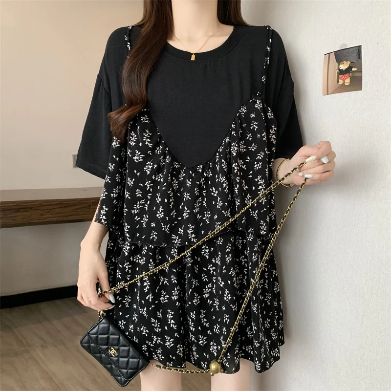 

Plus Size Summer New Ruffle Round Neck Fake Two-Piece Floral Polka Dot Plaid Loose Mid-Length Top Trendy