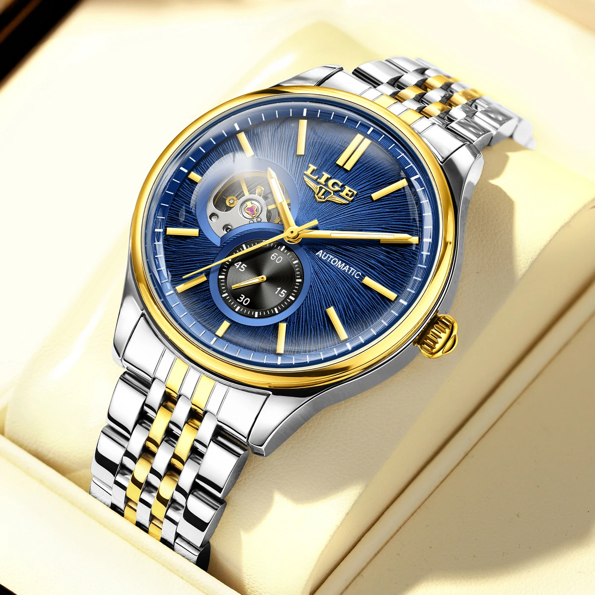 LIGE Men's Automatic Open Heart Watch Blue Dial Stainless Steel Band Casual Dress Wristwatch 30M Water Resistant Fashion Watch