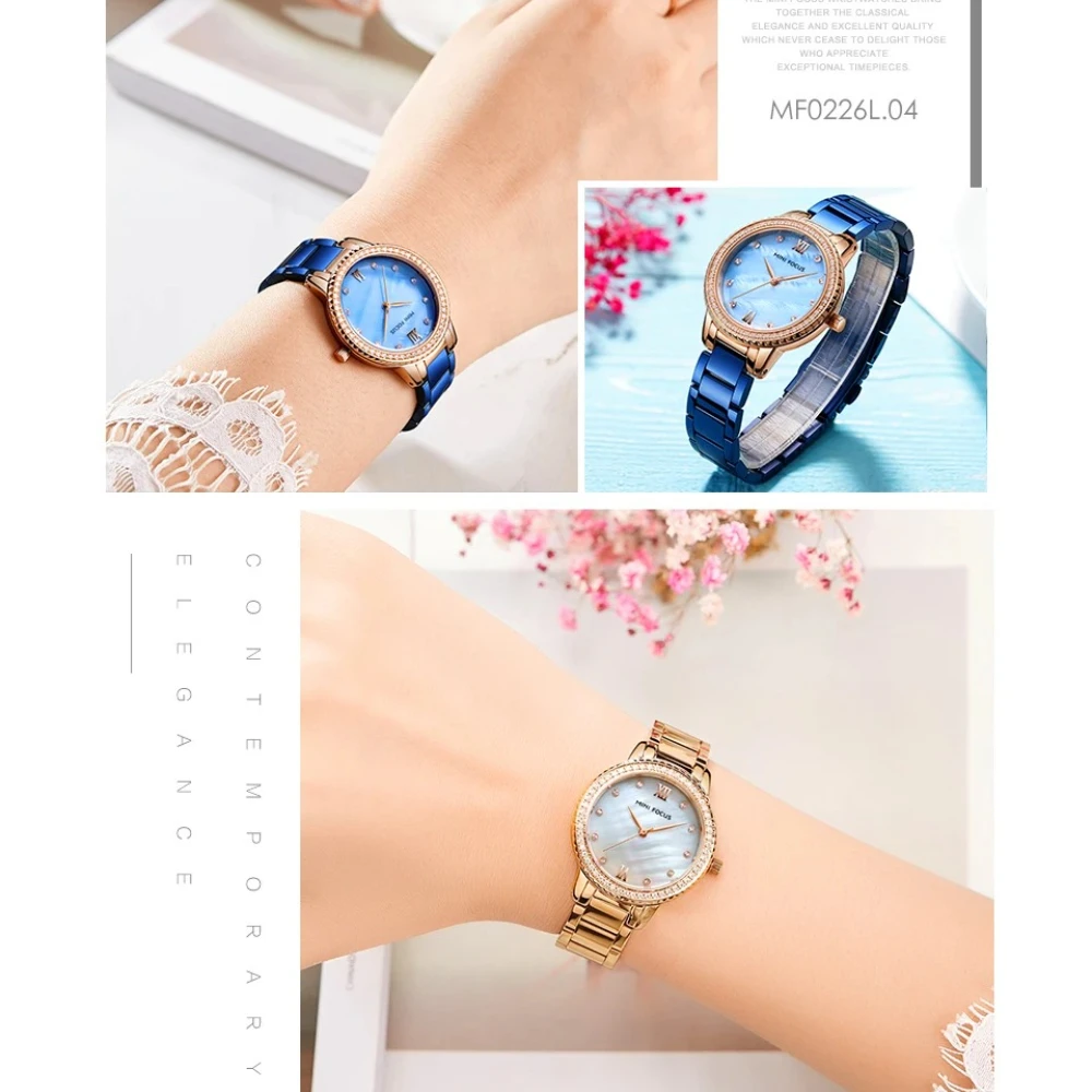 MINI FOCUS 0226L Luxury Fashion Women's Watch Steel Belt with Diamond Inlaid Waterproof Watches for Women Relogio Feminino