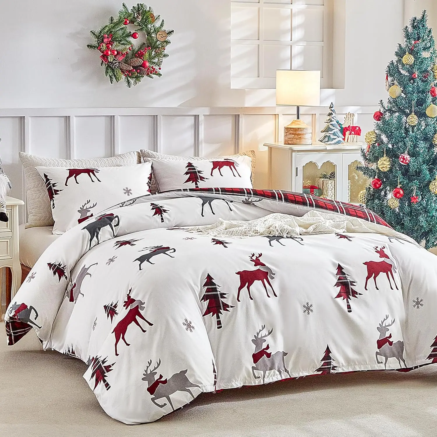 King Size Christmas Reindeer Print Duvet Cover Sets - Soft Microfibre Red King Size Bedding Sets Christmas Bedding 230x220 cm