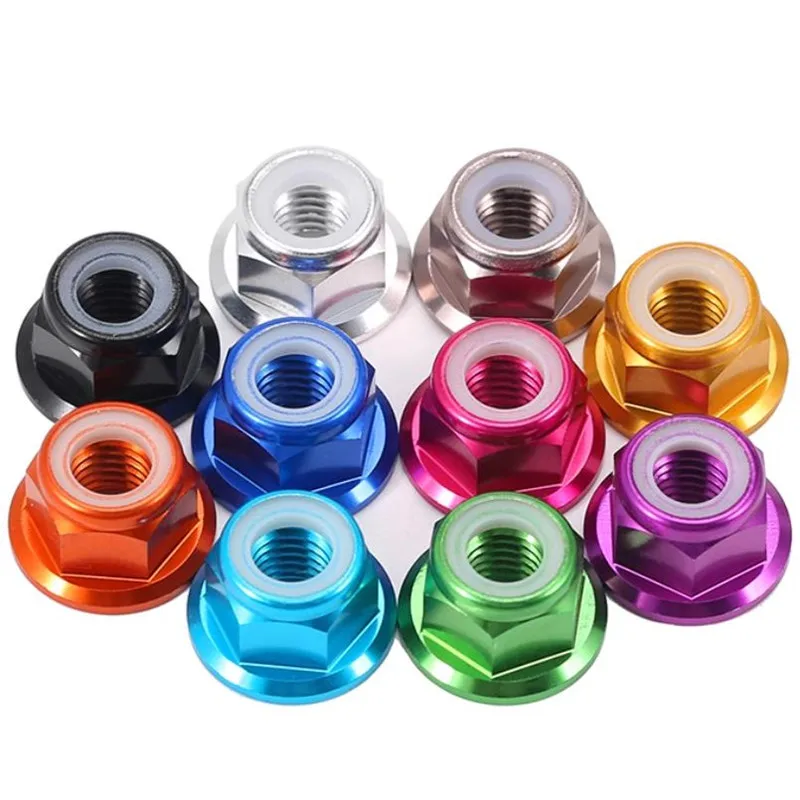 10pcs M2 M3 M4 M5 M6 Aluminum Flange Nylon Lock Nut Anodized Red/black/ blue/ light blue/ orange/ golden/purple/pink/sliver/grey