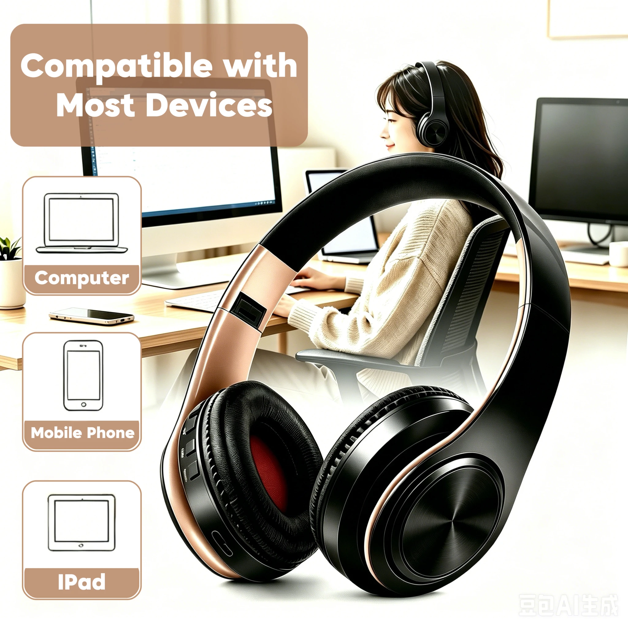 Słuchawki bezprzewodowe Bluetooth stereo AYVVPII z FM i obsługą kart SD, z mikrofonem, do telefonów komórkowych iPhone, Samsung, tabletów i odtwarzaczy MP3. — zdjęcie produktu 3