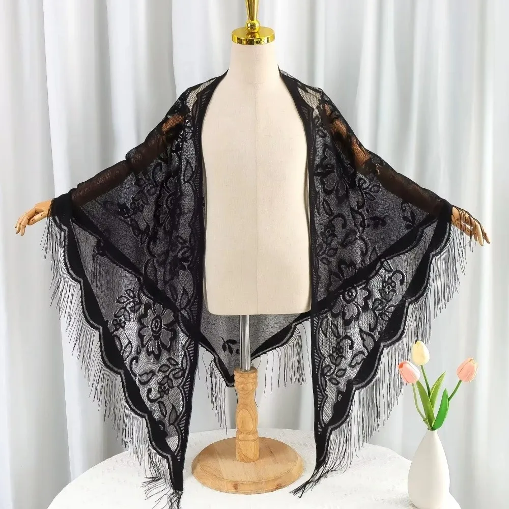 New Tassel Patchwork Tulle Scarf Solid Color Breathable Lace Shawl Hollow Party Accessories Tassel Shawl