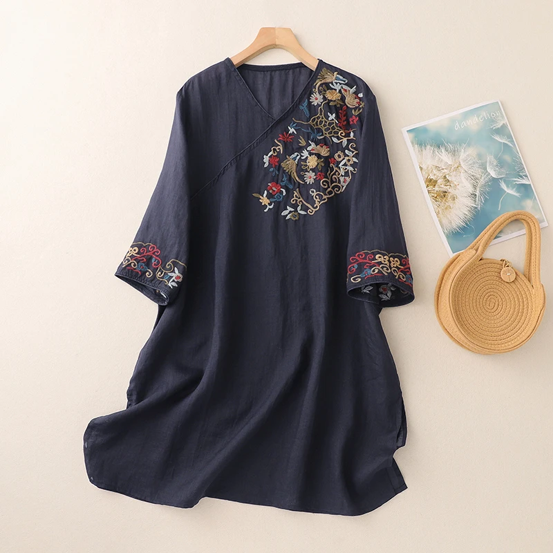 Baju Wanita Katun Linen Bordir Artistik Retro, Model Longgar, Meniruskan, Musim Panas, Terbaru, Pakaian Ibu