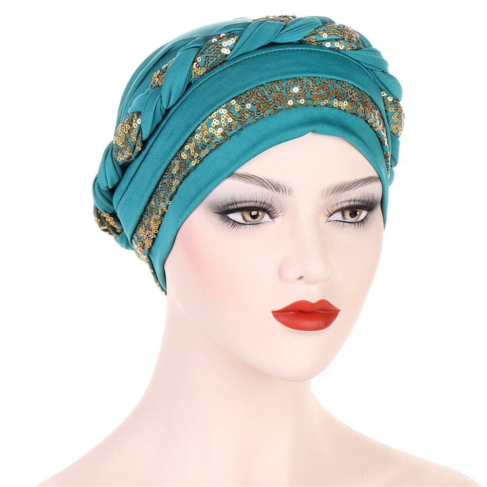 

Indian Muslim Women Hijab Braid Chemo Cap Cancer Turban Bonnet Hair Loss Inner Hat Head Wrap Islam Sequins Headscarf Femme Mujer